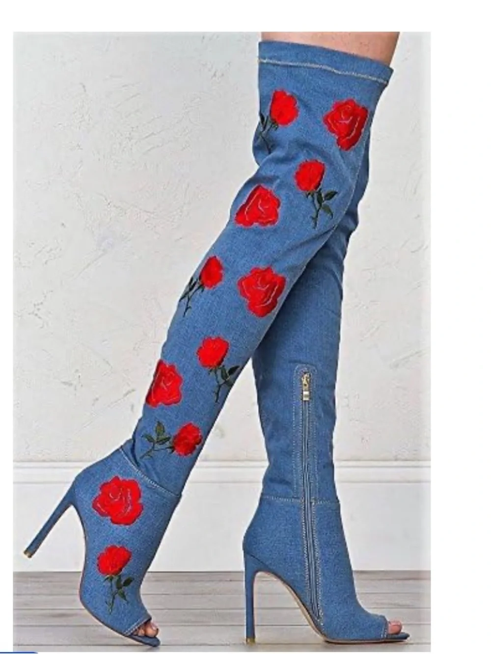 Women's Denim Over-the-Knee Peep-Toe Boots with Red Rose Embroidery